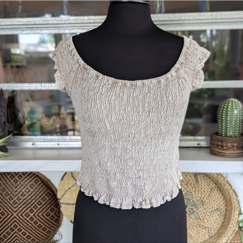 Vintage Hippie Crop Top Smocked Neutral Free Size Tee Beach Coastal Cowgirl - Picture 2 of 14